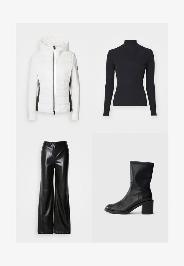 Chaqueta blanca acolchada con capucha y paneles laterales negros, que presenta un zip delantero y acentos de tela texturizada en los lados.; Top negro de cuello alto con costillas y mangas largas. Fabricado con una tela elástica con forma ajustada y cuello alto. Diseño simple sin adornos.; Pantalones de piel negros de pierna ancha con textura suave, cintura alta y cierre frontal oculto. Ajuste entallado con un acabado limpio.; Botín negro de cuero hasta el tobillo con punta redonda, textura suave y tacón grueso, que presenta un eje ajustado y un sutil detalle de costura.