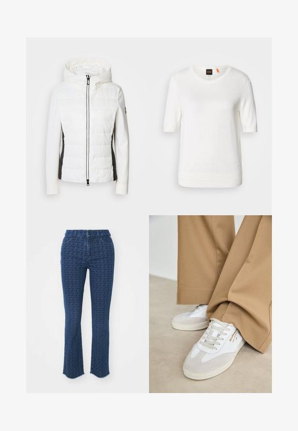 Gepolsterte weiße Jacke mit Kapuze und schwarzen Seitenelementen, ausgestattet mit einem Frontreißverschluss und strukturierten Stoffakzenten an den Seiten.; Weißes kurzärmeliges Strickoberteil mit Rundhalsausschnitt, geripptem Saum und weicher Textur. Logostreifen mit orangem Akzent am Kragen.; Dunkelblaue Jeans mit einem wiederholten kreisförmigen Muster, geradem Beinschnitt, ausgefransten Säumen und traditionellem Fünf-Taschen-Design, mit einem Knopfverschluss vorne.; Weiße Sneakers mit Wildlederakzenten, strukturierten Schnürsenkeln und einer Gummisohle. Kombiniert mit lockeren, sandfarbenen Hosen. Logo an der Seite angebracht.