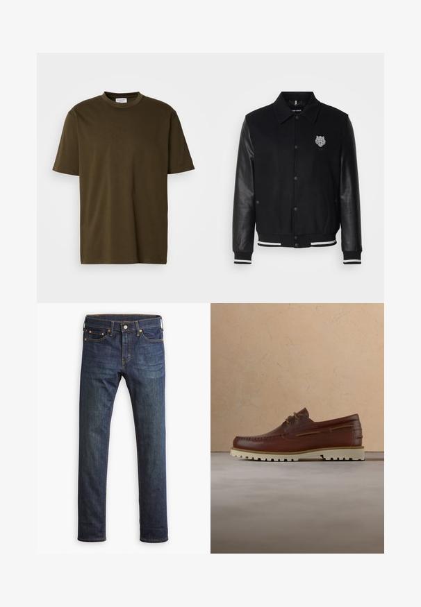 Sort varsity-jakke med uldkrop og læderærmer. Har et tiger-emblem på venstre bryst samt stribede ribstrikkede manchetter og kant.; Simpel olivengrøn T-shirt med korte ærmer og rund halsudskæring, med et synligt hvidt mærke ved halsen, præsenteret på en hvid baggrund.; Mørkeblå denim jeans med lige snit, der har knaplukning og orange stikninger. Glat tekstur og ingen synlige mønstre.; Brun læder casual snørestøvle med cremefarvet gummisål, der hænger over beige tæppe nær et træ-sofabord med bøger.