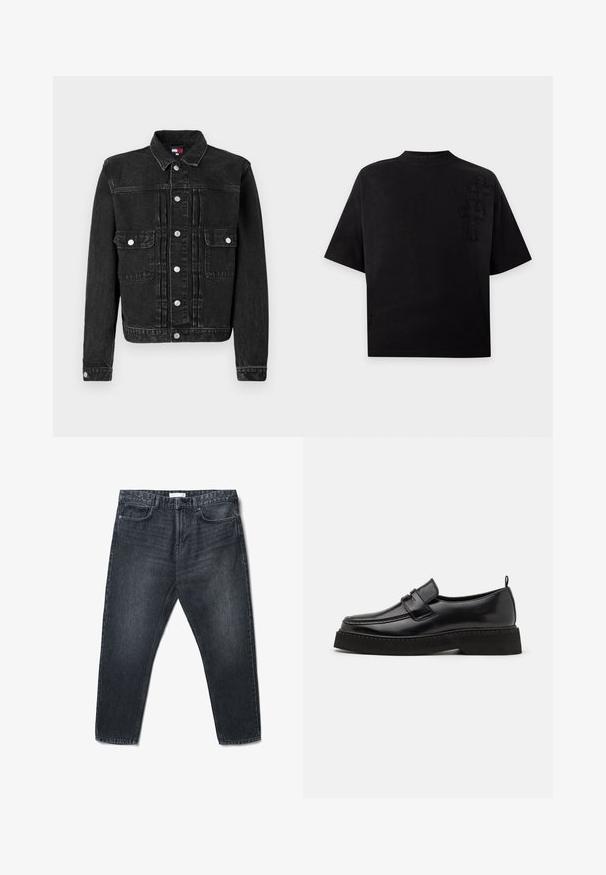 Schwarze Denimjacke mit durchgehender Knopfleiste, zwei Brusttaschen und klassischem Kragen. Sie hat eine leicht abgenutzte Textur und eine taillierte Passform.; Schwarzes T-Shirt mit kurzen Ärmeln, zwei strukturierten Kreuzen auf der oberen linken Brust und hohem Rundhalsausschnitt.; Schwarze Jeans aus Denim mit geradem Schnitt, fünf Taschen und dezenter Verwaschung. Enthält einen Knopf- und Reißverschluss sowie Gürtelschlaufen.; Schwarze Leder Slipper mit flacher, strukturiertem Sohlen, mit einer gestickten Zehenpartie und einem Riemen über dem Spann.