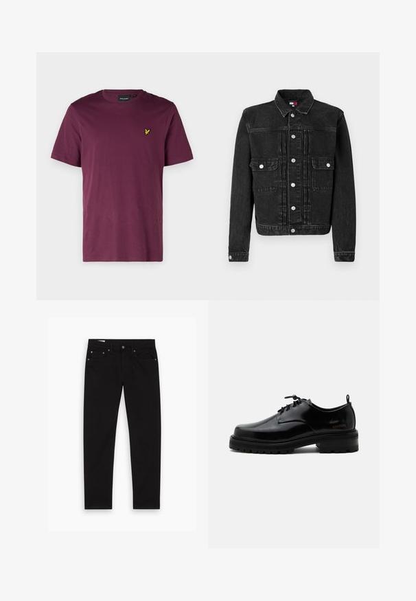 Sort denimjakke med knaplukning foran, to brystlommer og klassisk krave. Den har en let slidt tekstur og en skræddersyet pasform.; Mørkerød bomulds t-shirt med rund hals, korte ærmer og et lille gult ørne-logo på venstre bryst. Glat overflade, almindelig pasform.; Sorte lige ben jeans med for- og baglommer, bæltestropper samt knappeslås og lynlås, lagt fladt på en hvid baggrund.; Sort poleret læder snørestøvle med tyk gummisål og lav hæl, sideskilt med mærketekst "SAMSOE" og bageste træksnor.