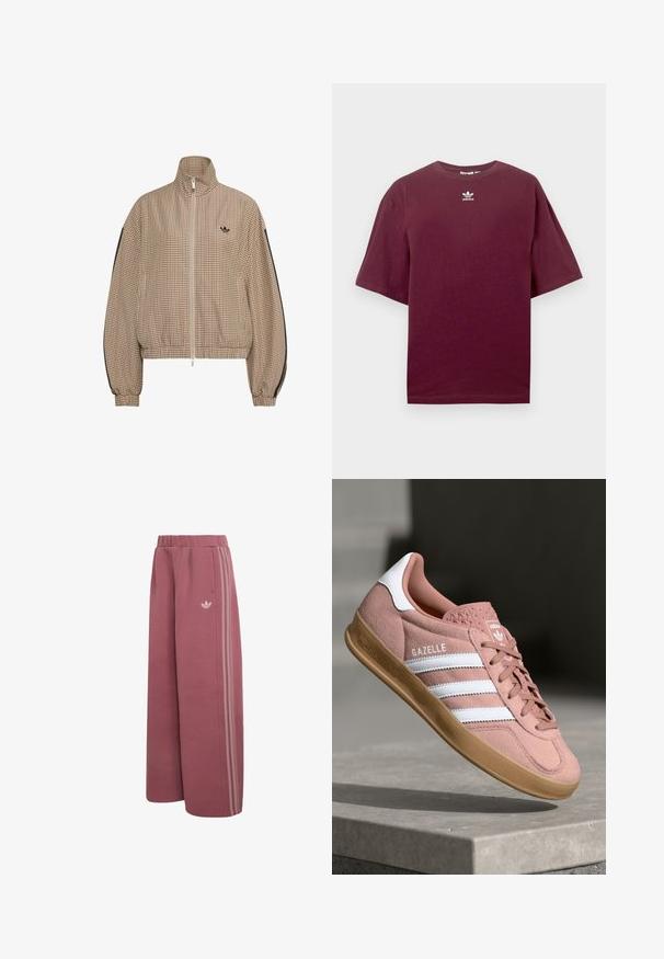 Braune und beige klein kariertes Reißverschlussjacke mit hohem Kragen, elastischen Bündchen und Saum, schwarzen Streifen an den Ärmeln und kleinem schwarzem Logo auf der Brust.; Burgunderrotes Baumwoll-T-Shirt mit rundem Ausschnitt und kurzen Ärmeln, mit einem weißen Adidas-Logo in der Mitte auf der Brust. Glatte Textur.; Weit geschnittene, staubig rosa Adidas-Hose mit elastischem Bund, drei helleren Seitenstreifen und einem Trefoil-Logo am oberen Oberschenkel.; Rosa Wildleder-Sneaker mit weißen Streifen, Gummisohle, strukturiertem Obermaterial und Logo auf der Zunge. Klassisches Low-Top-Design.