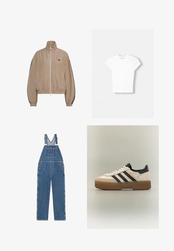 Bruine en beige kleine geruite jas met rits, hoge kraag, elastische manchetten en zoom, zwarte strepen op de mouwen en klein zwart logo op de borst.; Witte t-shirt met korte mouwen van zachte katoen, met een ronde halslijn en een getailleerde vorm. Geen zichtbare patronen of versieringen.; Denim tuinbroek met verstelbare schouderbanden, V-vormige bies, voorzak en zijzakken. Heeft een klassieke blauwe kleur en contrasterende stiksels.; Witte Adidas sneaker met zwarte strepen, beige suède neus, bruine zool en "SPEZIAL" in gouden letters aan de zijkant.