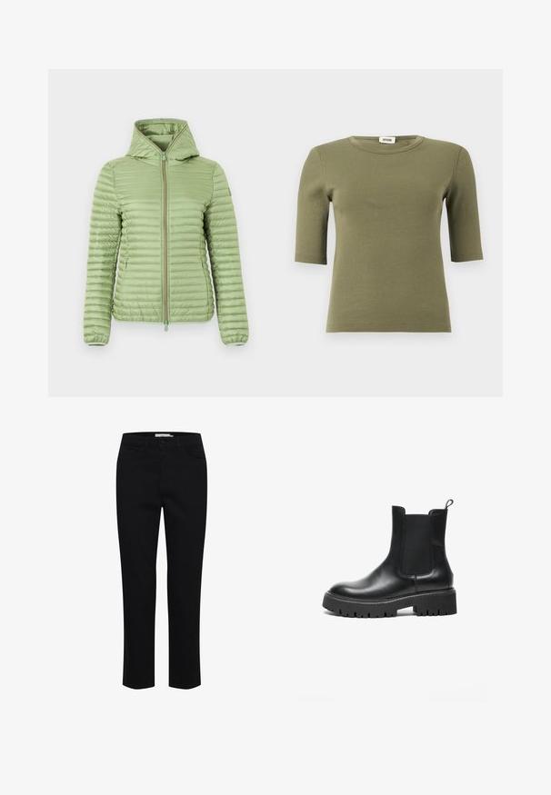 Lichtgroen doorgestikt jack met capuchon, rits aan de voorkant en zijzakken, ontworpen voor warmte en casual gebruik.; Geribd olijfgroen T-shirt met ronde hals en halflange mouwen van Drykorn, weergegeven op een witte achtergrond.; Zwarte katoenen broek, ontworpen met een rechte snit. Beschikt over vijf zakken en een sluiting met een knoop aan de voorkant. Soepele textuur, minimale stikdetails.; Zwarte leren Chelsea-boot met elastische zijpanelen, ronde neus, stevige rubberen zool en lus aan de hiel.