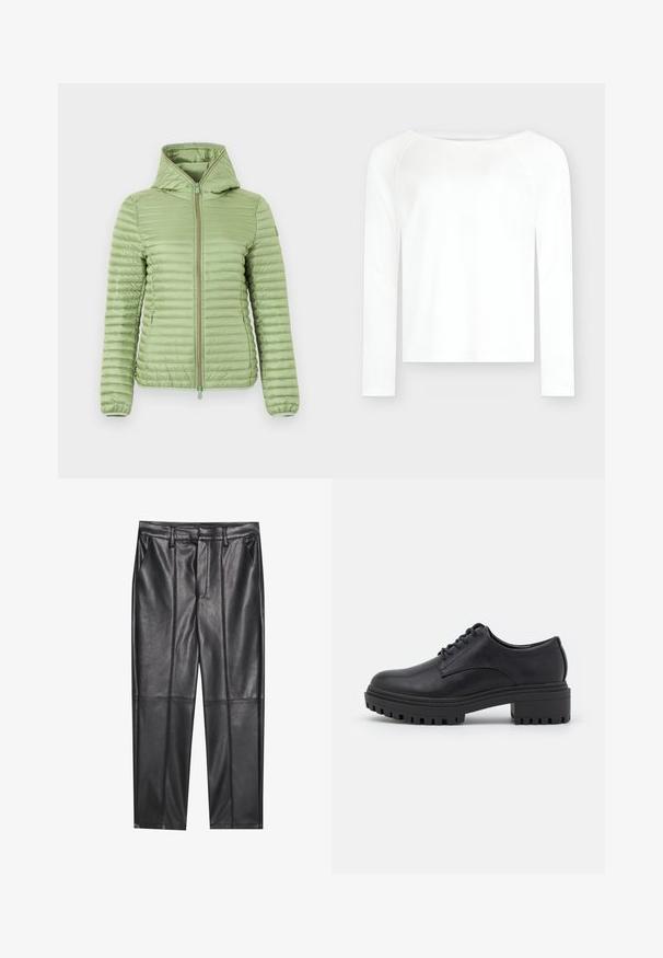 Lysegrøn quiltet jakke med hætte, lynlås foran og sidelommer, designet til varme og afslappet brug.; Langærmet hvid crewneck-shirt med lige kant og raglan-ærmer, vist på en neutral grå baggrund.; Sorte læderbukser med en glat overflade, der har lige pasform, to forlommer og synlige sømdetaljer.; Sorte læder snørebåndssko med rund tå, ribbet gummisål og robust blokhæl, der har en glat overflade og et minimalistisk design.