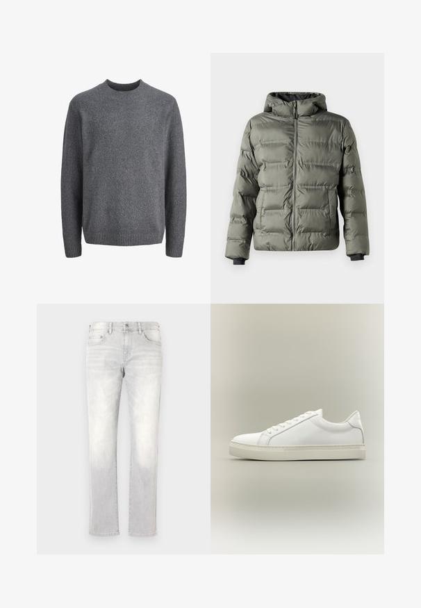 Pufjakke i olivengrøn med lynlås foran. Har hætte, syede paneler og elastiske manchetter for varme og komfort.; Mørkegrå crewneck uldtrøje med lange ærmer og ribbet kant ved manchetter, halsudskæring og skørt.; Lys grå denim jeans med lige ben, subtile falmninger, forlommer og en enkelt baglomme. Klassisk knap- og lynlås-lukning.; Hvid lavtop sneaker med snørebånd foran og tyk sål, vist fra siden mod en neutral baggrund.
