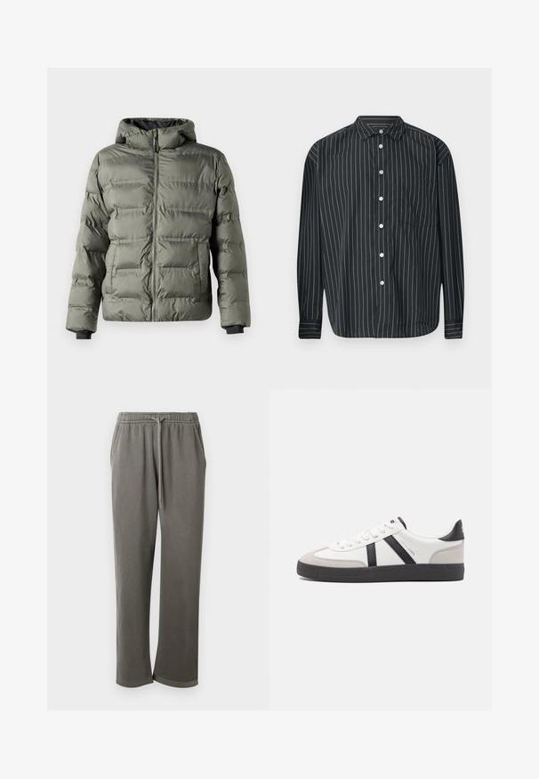 Olijfgroene pufferjack met een ritssluiting aan de voorkant. Beschikt over een capuchon, gestikte panelen en elastische manchetten voor warmte en comfort.; Zwarte lange mouwen button-up shirt met dunne witte verticale strepen, enkele borstzak, gladde stof en klassiek kraagontwerp.; Grijze katoenen sweatpants met een elastische tailleband en trekkoord, met zijzakken en een ontspannen pasvorm langs de benen.; Witte sneaker met zwarte en grijze accenten, voorzien van een grijze neus met textuur, zwarte rubberen zool en platte witte veters. Schoon ontwerp, minimalistische stijl.