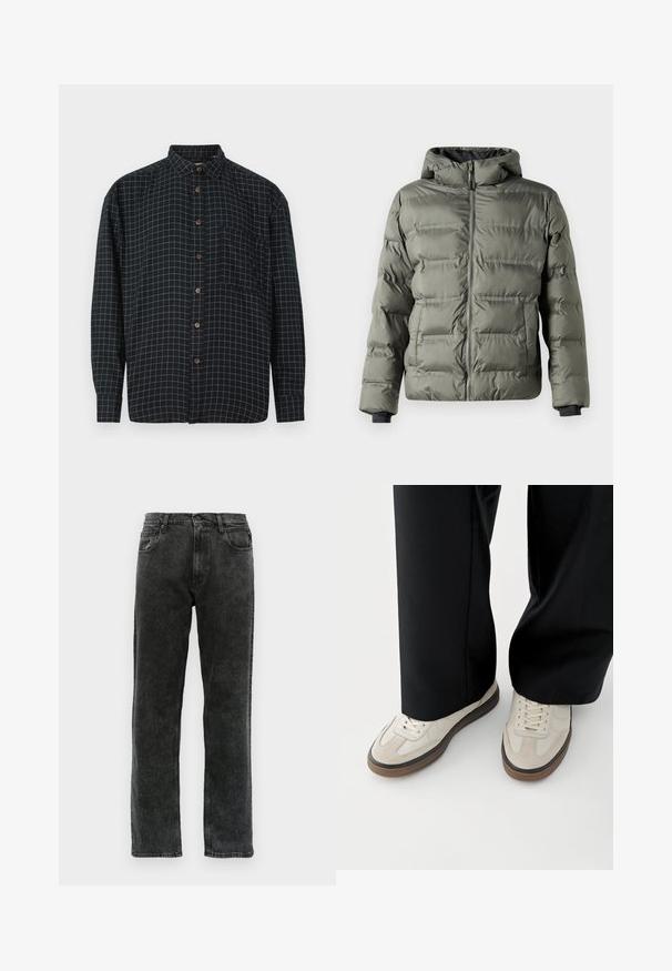 Doudoune verte olive avec une fermeture éclair à l'avant. Dotée d'une capuche, de panneaux cousus et de poignets élastiques pour chaleur et confort.; Chemise noire à manches longues, à boutons, avec un motif à carreaux blancs, poche avant et boutons marron sur fond blanc.; Jean en denim noir avec une coupe droite, comportant cinq poches, une fermeture à bouton, et un léger délavage sur le tissu.; Pieds portant des baskets beige avec des semelles marron et un pantalon noir à jambes larges sur fond blanc.