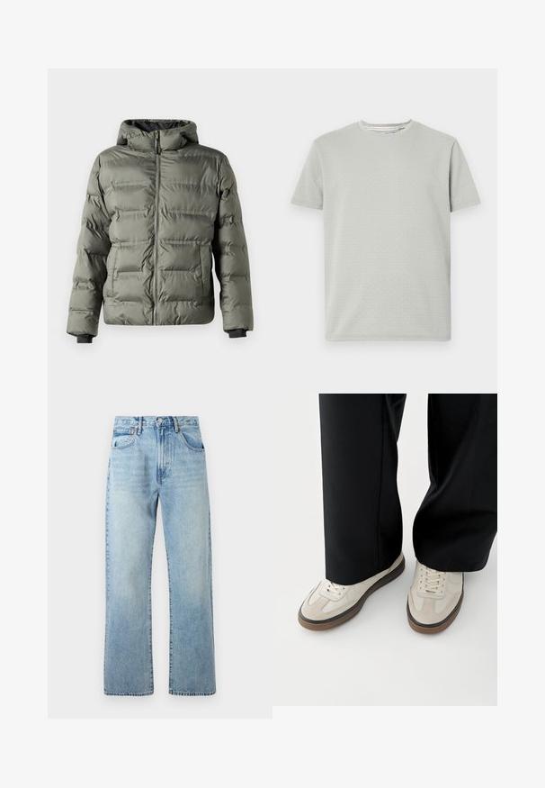 Doudoune verte olive avec une fermeture éclair à l'avant. Dotée d'une capuche, de panneaux cousus et de poignets élastiques pour chaleur et confort.; T-shirt gris clair à manches courtes présentant un motif texturé, un col rond et un ourlet droit. Fabriqué en tissu doux et respirant.; Jeans en denim bleu clair avec des jambes larges et droites, design à cinq poches et une taille avec passants de ceinture. Le tissu présente une texture légèrement décolorée.; Pieds portant des baskets beige avec des semelles marron et un pantalon noir à jambes larges sur fond blanc.