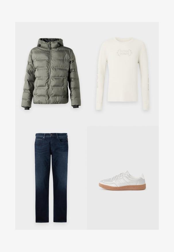 Puffjacke in Olivgrün mit einem Reißverschluss an der Vorderseite. Verfügt über eine Kapuze, gestickte Paneele und elastische Bündchen für Wärme und Komfort.; Langärmeliges, cremefarbenes, geripptes T-Shirt mit der Stickerei "DODGE DEMON" auf der Vorderseite und Grafiken auf dem rechten Ärmel. Weiche Textur.; Dunkelblaue Jeans aus Denim mit geradem Bein, fünf Taschenstil und sichtbarem Knopfverschluss an der Taille. Glatte Textur.; Silberne Sneakers mit glatter Textur, Schnürdesign, durchbrochenen Akzenten und einer strukturierten braunen Gummisohle.