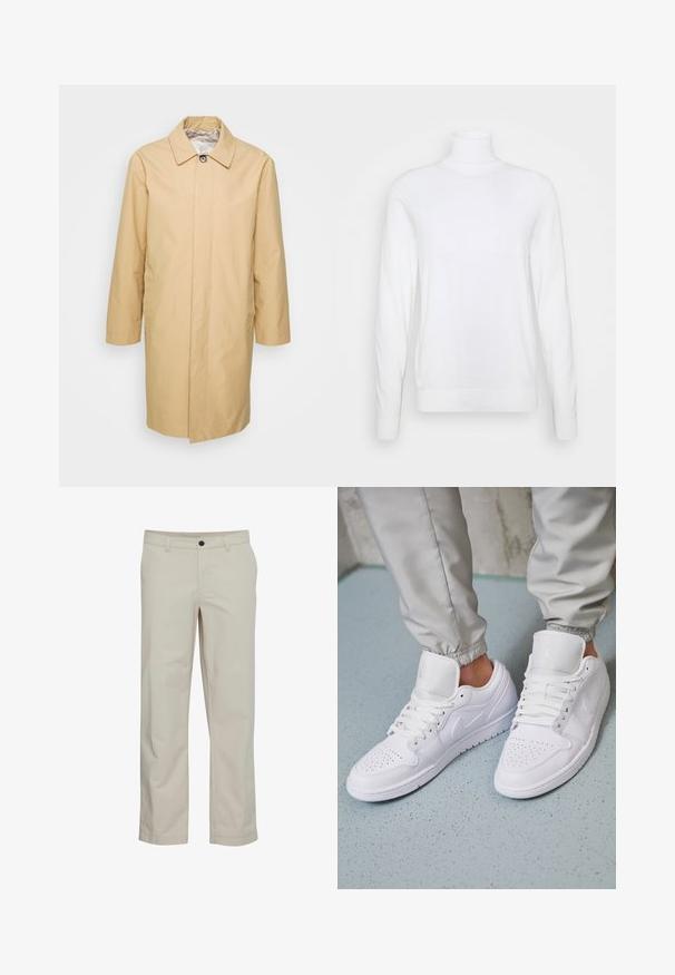 Abrigo trench beige, de longitud hasta la rodilla, con cuello abotonado, mangas largas y dos bolsillos laterales. Material suave y resistente al agua.; Suéter blanco de cuello alto y mangas largas, hecho de una tela suave. Presenta un diseño ajustado y puños y dobladillo acanalados. Sin patrones ni acentos.; Pantalones de algodón beige con diseño de pierna recta, bolsillos delanteros y cierre de un solo botón. Textura suave y detalles mínimos de costuras.; Las zapatillas deportivas de cuero blanco cuentan con una caja de dedos perforada, cordones planos, un cuello acolchado y el logo de Jordan en la lengüeta. Las llevan puestas con pantalones joggers grises.