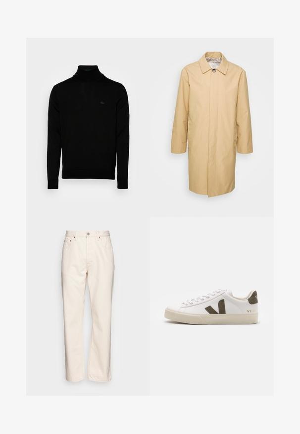 Abrigo trench beige, de longitud hasta la rodilla, con cuello abotonado, mangas largas y dos bolsillos laterales. Material suave y resistente al agua.; Suéter negro de cuello alto, textura acanalada, mangas largas, diseño ajustado, sutil logo de Lacoste en el pecho, material de punto de peso medio.; Vaqueros de denim color crema con un diseño de pierna recta. Presentan cinco bolsillos, cierre delantero con botón y detalles de costura en contraste.; Zapatillas de cuero blanco con una suela de goma beige claro. Presenta un logo en forma de V de gamuza marrón y una pestaña en el talón. Cierre con cordones y superficie texturizada.