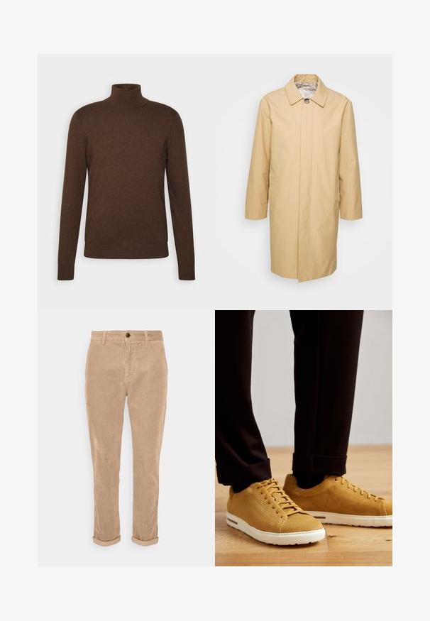 Abrigo trench beige, de longitud hasta la rodilla, con cuello abotonado, mangas largas y dos bolsillos laterales. Material suave y resistente al agua.; Suéter marrón de cuello de tortuga hecho de material suave, con mangas largas, un diseño ajustado y detalles acanalados en el cuello y el dobladillo.; Pantalones de pana beige con un ajuste slim, con puños enrollados, cierre de botón en la parte delantera y un patrón de textura acanalada.; Zapatillas amarillas de canalé con suelas blancas, con punta redonda, diseño con cordones y superficie texturizada, combinadas con pantalones negros ajustados en los tobillos sobre un suelo de madera.