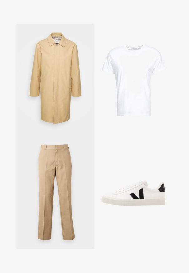 Abrigo trench beige, de longitud hasta la rodilla, con cuello abotonado, mangas largas y dos bolsillos laterales. Material suave y resistente al agua.; Camiseta de algodón blanca con cuello redondo y mangas cortas, con un corte clásico y una textura suave. Sin patrones ni elementos metálicos visibles.; Pantalones beige de pierna recta con trabillas, cremallera frontal y pliegues prensados, mostrados sobre un fondo blanco liso.; Zapatilla de cuero blanca con acentos de ante negro; presenta una suela de goma, puntera redonda y un diseño clásico de cordones. Logo lateral en negro.