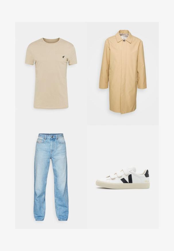 Trench-coat beige, longueur genou, avec un col boutonné, des manches longues et deux poches latérales. Matériau lisse et résistant à l'eau.; T-shirt beige à manches courtes en tissu doux, avec un col rond et un petit logo d'oiseau noir sur la partie gauche de la poitrine.; Jean bleu clair en denim, avec une coupe droite, un design à cinq poches et une fermeture à boutons visible avec des coutures contrastantes.; Baskets blanches avec accents noirs et brides auto-agrippantes. Présentent une tige en cuir texturé, une semelle en caoutchouc crème et un logo au niveau du talon.