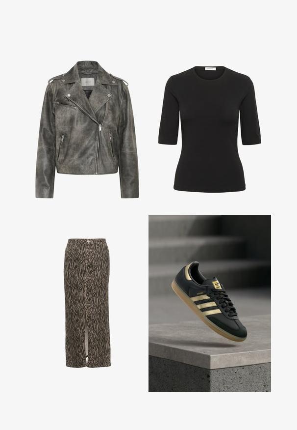 Gestuz VINTAGE JACKET - Læderjakker - cold vintage grey; Sort t-shirt med korte ærmer lavet af blødt stof med rund halsudskæring og tætsiddende pasform. Har minimal syning og ingen mønstre.; Kaffe KALEONDRA - Maxinederdele - feather gray black animal; Sort Adidas Samba-sneaker med gulstriber og gummisål, der svæver over en betongflade med slørede trapper i baggrunden.