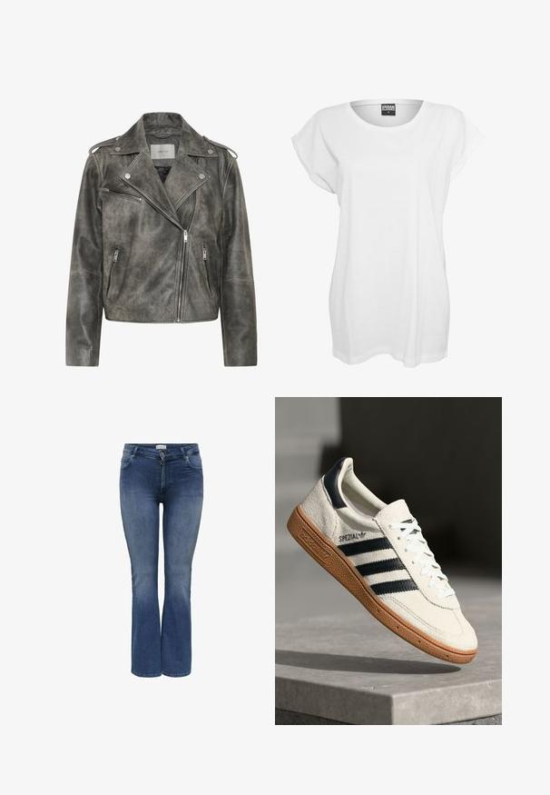 Gestuz VINTAGE JACKET - Leren jas - cold vintage grey; Witte kortomoto T-shirt van katoen, met een ontspannen pasvorm, wijde halslijn en een minimalistisch ontwerp zonder patronen of accenten.; Denim flare jeans in medium blauw met een gladde textuur, voorzien van zijzakken en een ritssluiting. Subtiele whisker-details.; Witte suède sneakers met marineblauwe strepen, rubberen gumzool, gestructureerde bovenkant, ronde neus en veters; heeft branding aan de zijkant en op de tong.