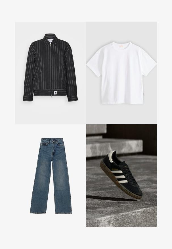 Chaqueta negra con rayas verticales blancas, cremallera en la parte delantera, cuello puntiagudo y un parche con logo en el dobladillo. Hecha de una tela suave.; Camiseta blanca de algodón con mangas cortas, cuello redondo, ajuste holgado, textura suave y una pequeña etiqueta con logotipo en la costura del lado izquierdo.; Jeans de mezclilla azul de pierna ancha con cintura alta, cinco bolsillos y costuras en contraste. Desvanecimientos y ligerasImperfecciones visibles en la tela.; Zapatilla negra de Adidas con rayas blancas y suela de goma flotando sobre escalones de concreto gris a la luz natural.