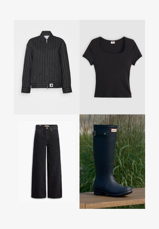 Sort jakke med hvide lodrette striber, lynlåslukning foran, spids krave og et logo patch ved kanten. Fremstillet af et glat stof.; Sort kortærmet top lavet af ribbet stof, med en bred firkantet udkæring og en tætsiddende pasform, udstyret med et lille rødt logo-tag nederst.; Sorte brede benjeans lavet af denim, med fem lommer, kobbernitter og en klassisk knaplukning. Glat tekstur med et rent design.; Marine gummistøvle med rund tå, tekstureret overflade, justerbar spænde detaljer og Hunter-logo nær toppen. Stabilt sål med mønster.
