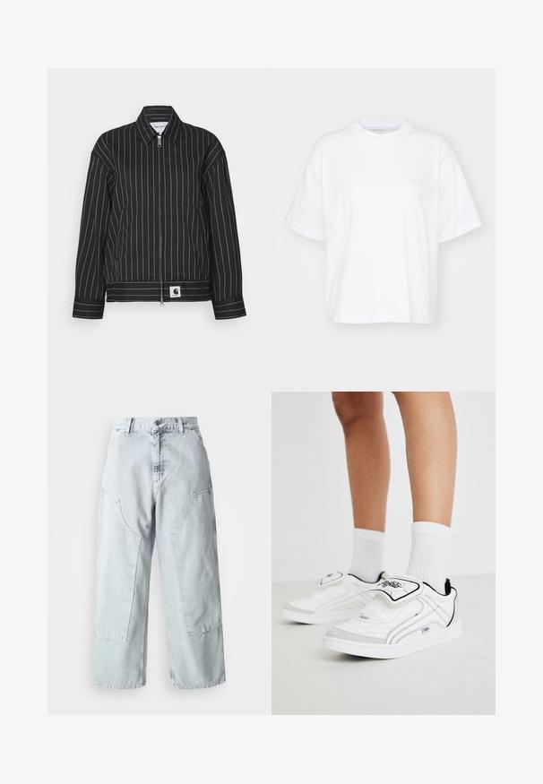 Musta takki, jossa on valkoiset pystysuorat raidat, vetoketjullinen etuosa, terävä kaulus ja logopatchi helman kohdalla. Valmistettu sileästä kankaasta.; Valkoinen puuvillainen t-paita, jossa on pyöreä pääntie, lyhyet hihat ja rento istuvuus. Vasemmassa rinnan kohdassa on huomaamaton logo. Sileä pinta.; Vaaleansiniset farkut, joissa on leveät lahkeet, suuret sivutaskut, korkea vyötärö ja löysä malli. Kulunut pinta, jossa on haalistunut viimeistely.; Valkoiset urheilukengät, joissa on sileä synteettinen päällinen, mustat yksityiskohdat ja tarrasuljenta. Mukana valkoiset ribbipaidet ja yksinkertainen pohjamalli.