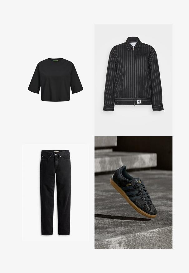 Schwarze Jacke mit weißen vertikalen Streifen, Reißverschluss vorne, spitzem Kragen und einem Logo-Patch am Saum. Hergestellt aus einem glatten Stoff.; Schwarzes Baumwoll-Crop-Top mit rundem Ausschnitt, kurzen Ärmeln und einem grünen Etikett-Detail am Ausschnitt. Glatte, weiche Textur.; Schwarze gerade Jeans mit Knopf- und Reißverschluss, Gürtelschlaufen sowie Vorder- und Gesäßtaschen, auf weißem Hintergrund flach präsentiert.; Schwarzer Adidas Samba Sneaker mit strukturiertem Muster, Gummisohle und goldenem Logo, in der Luft über Betontreppen schwebend.