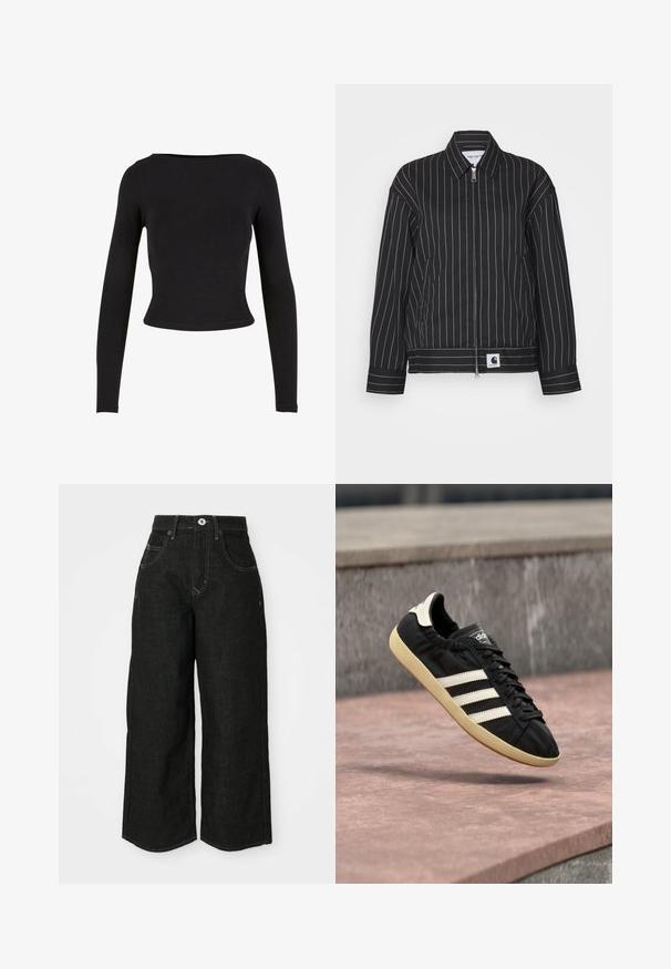 Čierna bunda s bielymi vertikálnymi pruhmi, so zipsom vpred, špicatým golierom a logom na leme. Vyrobená z hladkej tkaniny.; Čierny crop top s dlhým rukávom vyrobený z mäkkého a elastického materiálu s jednoduchým, priliehavým strihom a širokým výstrihom. Bez vzorov alebo ozdôb.; Široké čierne džínsy s vysokým pásom, s prednými vreckami, prešitými švami a klasickým zapínaním na gombík. Mäkká textúrovaná tkanina.; Čierna teniska Adidas s bielymi pruhmi a béžovou podrážkou, zachytená vo vzduchu nad kamenným povrchom a kamennou stenou v pozadí.