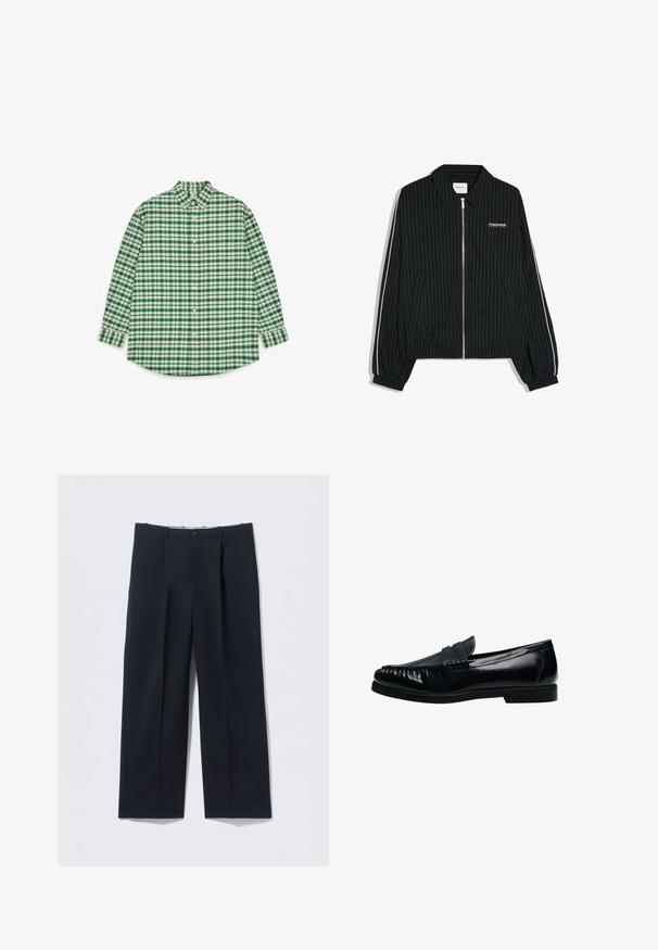 Veste noire zippée avec fines rayures verticales blanches, poignets et ourlet élastiques, poches latérales et texte blanc "PostCentral Services" sur la poitrine gauche.; Chemise à boutons à carreaux verts et blancs, manches longues, col, ourlet arrondi, avec un motif carré régulier et une texture subtile.; Pantalon bleu marine foncé en tissu lisse, avec une coupe ajustée, deux poches avant et une fermeture par bouton.; Mocassin penny loafer pour homme en cuir noir avec bout moc cousu et petit talon, présenté de profil sur fond blanc.