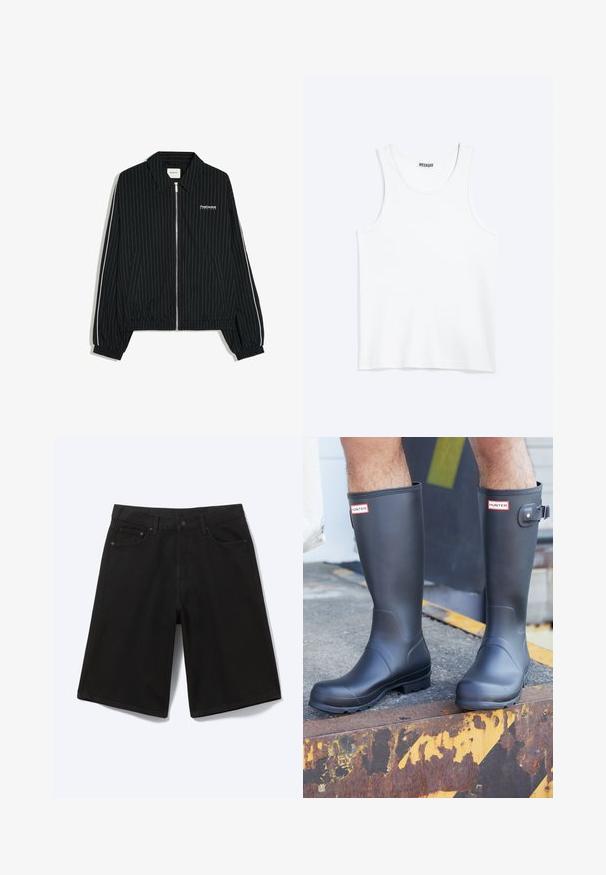 Veste noire zippée avec fines rayures verticales blanches, poignets et ourlet élastiques, poches latérales et texte blanc "PostCentral Services" sur la poitrine gauche.; Débardeur blanc sans manches avec col rond et étiquette de la marque Weekday à l'intérieur du col arrière, présenté à plat sur un fond clair.; Short en jean noir longueur genou avec bouton à l'avant, passants de ceinture et cinq poches, présenté sur fond blanc.; Personne portant des bottes de pluie Hunter noires se tenant sur un bord métallique rouillé avec des marquages jaunes et noirs de précaution.