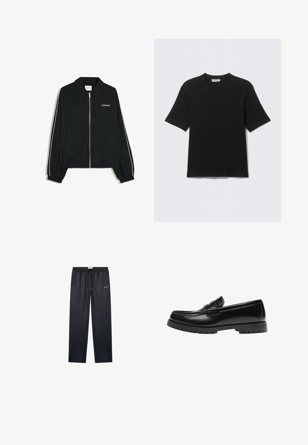 Veste noire zippée avec fines rayures verticales blanches, poignets et ourlet élastiques, poches latérales et texte blanc "PostCentral Services" sur la poitrine gauche.; T-shirt noir à manches courtes avec col rond, portant une étiquette "WEEKDAY" à l'intérieur du col, présenté à plat sur un fond clair.; Pantalons de loisirs bleu marine foncé avec des rayures verticales, taille élastique, cordon de serrage, et logo "LES DEUX", présentant une coupe décontractée et large.; Mocassin en cuir noir avec une semelle en caoutchouc épaisse et un détail classique de bride à monnaie, vu de côté extérieur.