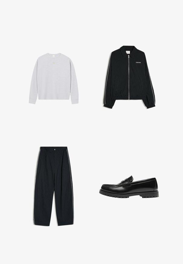 Veste noire zippée avec fines rayures verticales blanches, poignets et ourlet élastiques, poches latérales et texte blanc "PostCentral Services" sur la poitrine gauche.; Pull en laine grise clair à manches longues, en maille gaufrée, avec un petit logo orange centré sur la poitrine.; Pantalon large à fines rayures noires avec bandes blanches sur les côtés et fermeture par bouton à la taille.; Mocassin en cuir noir avec une semelle en caoutchouc épaisse et un détail classique de bride à monnaie, vu de côté extérieur.