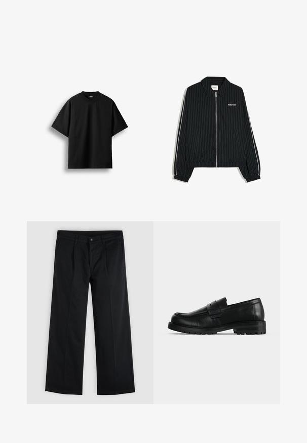 Veste noire zippée avec fines rayures verticales blanches, poignets et ourlet élastiques, poches latérales et texte blanc "PostCentral Services" sur la poitrine gauche.; T-shirt noir à manches courtes et col rond, présenté à plat sur un fond blanc avec une petite étiquette visible au niveau du col.; Pantalon noir droit avec fermeture à bouton et zip à l'avant, poches latérales et passants de ceinture sur un fond clair uni.; Mocassin en cuir noir avec semelle épaisse et couture moc toe, vu de profil sur un fond uni clair.