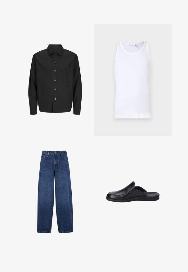 Camisa negra de botones en una tela ligera con un bolsillo en el pecho, botones en la parte delantera y un cuello clásico. Presenta mangas largas y un corte recto.; Top sin mangas de algodón blanco con cuello redondo y tirantes anchos. Textura suave, sin patrones, diseño limpio y etiqueta de marca en el escote.; Vaqueros de mezclilla azul de pierna ancha con un diseño clásico de cinco bolsillos, cierre de botón y una textura ligeramente deslavada. Detalles de costura resistentes.; Zapato negro tipo mocasín hecho de cuero con una textura suave, con puntera redondeada y suela de goma flexible. Diseño minimalista sin herrajes.