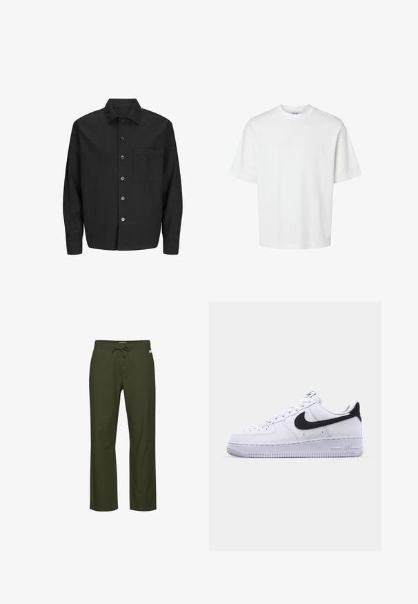 Schwarzes Button-Up-Hemd aus leichtem Stoff mit einer Brusttasche, vorderen Knöpfen und einem klassischen Kragen. Es hat lange Ärmel und einen geraden Schnitt.; Schlichtes weißes T-Shirt mit kurzen Ärmeln, Rundhalsausschnitt und lockerem Schnitt, abgebildet auf weißem Hintergrund.; Olivegrüne Hose mit Kordelzugbund, geradem Bein, weicher Stoffstruktur und einem dezenten Logotag vorne.; Weißes Leder-Sneaker mit einem strukturierten schwarzen Swoosh, flachen Schnürsenkeln und einer Gummisohle mit genoppetem Muster. "AIR" ist auf der Ferse eingeprägt.