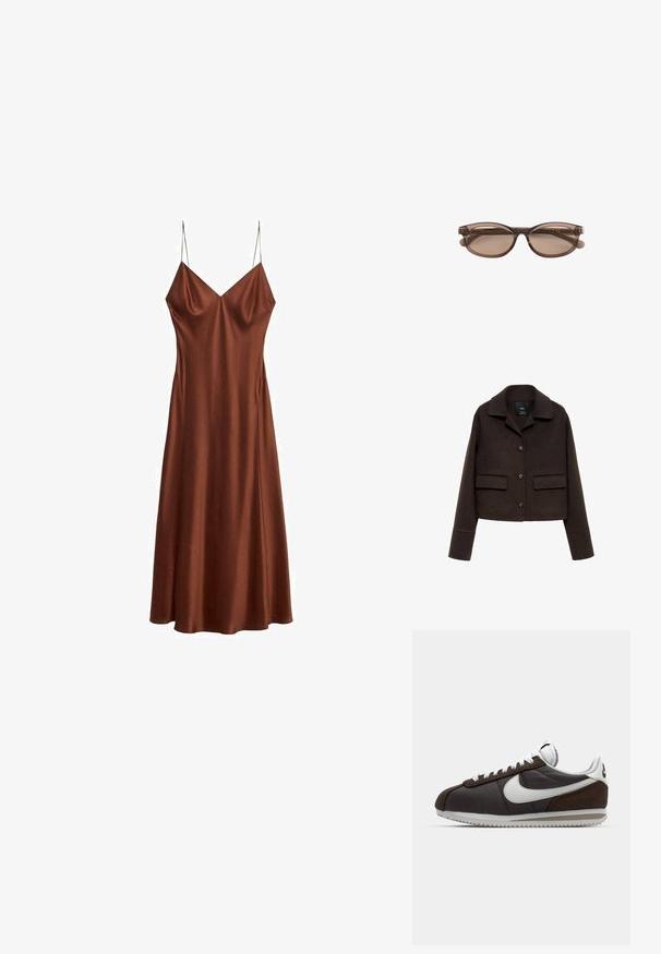 Veste courte en mélange de laine marron avec un col, fermeture à boutons sur le devant et deux poches à rabat. Présente des manches longues avec des détails aux poignets.; Robe nuisette en satin marron avec fines bretelles spaghetti et légère évasement à l'ourlet, présentant un décolleté en V et une texture lisse.; Baskets Nike marron et gris avec accents blancs ; matériaux en cuir et en daim ; semelles texturées ; lacets gris ; design rétro classique.; Lunettes de soleil ovales translucides marron avec verres teintés et branches fines sur fond blanc.