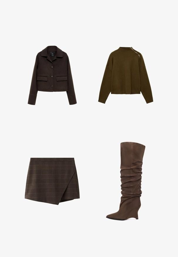 Brun uldblandet cropped jakke med krave, for-trykknaplukning og to påsyede lommer. Har lange ærmer med manchetter.; Olivengrøn, cropped striktrøje med høj hals og asymmetrisk lynlåsdetalje på den ene skulder. Overdimensioneret silhuet og ribbede manchetter.; Brun ternet slå-om-nederdel med struktureret design, indsatte taljebånd og en let skråtstillet kant, lavet af tekstureret stof.; Brune høje støvler i blødt stof med afslappet design, spids tå og kilehæl for ekstra højde.