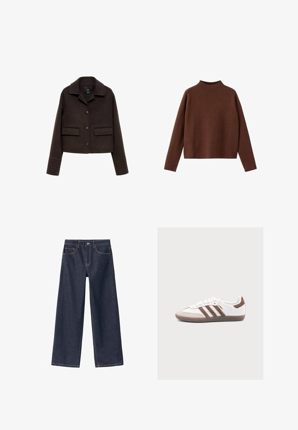 Veste courte en mélange de laine marron avec un col, fermeture à boutons sur le devant et deux poches à rabat. Présente des manches longues avec des détails aux poignets.; Pull en laine marron à manches longues avec un col montant. Fabriqué en tissu doux et texturé. Présente une coupe décontractée et ample avec un design minimaliste.; Pantalon en denim bleu foncé à jambes larges avec taille haute, coutures visibles, deux poches avant et bouton de fermeture à la taille.; Baskets blanches Adidas Samba avec des bandes en daim marron, un bout en daim marron et une semelle en gomme sur fond gris clair.