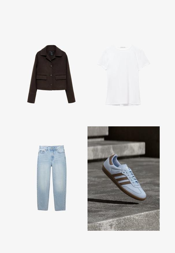 Brun uldblandet cropped jakke med krave, for-trykknaplukning og to påsyede lommer. Har lange ærmer med manchetter.; Hvid kortærmet t-shirt lavet af glat stof, med rund halsudskæring og diskrete syninger ved kanten.; Lyseblå jeans med høj talje og lige ben med forreste knap, lynlås lukning, bæltestropper og fem-lomme-design på hvid baggrund.; Lyseblå sneakers med brune ruskindsdetaljer, tre laterale striber, flade snørebånd og en tekstureret gummisål. Mærkelogo på tungen.