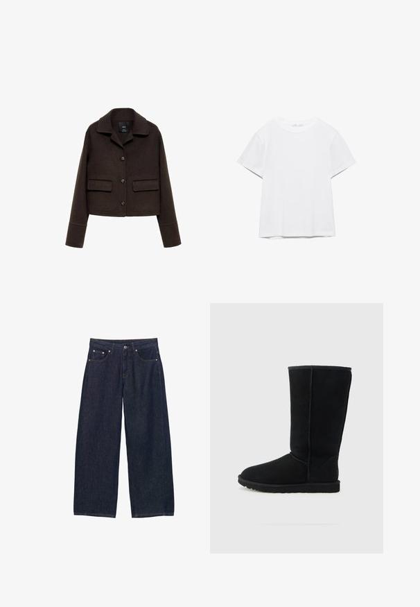 Brun uldblandet cropped jakke med krave, for-trykknaplukning og to påsyede lommer. Har lange ærmer med manchetter.; Hvid, kortærmet T-shirt med rund hals og lige kant, vist på en hvid baggrund.; Mørkeblå denimbukser med brede ben, forlommer, bæltestropper og knaplukning ved taljen.; Sort ruskind midt på læggen støvle med rundet tå, tekstureret overflade, synlige sømme og gummisål. Klassisk design uden pynt.