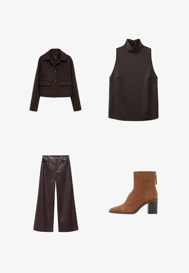 Braune Wolle-Mix kurze Jacke mit Kragen, vorderem Knopfverschluss und zwei aufgesetzten Taschen. Sie hat lange Ärmel mit Detail an den Manschetten.; Ärmelloses schwarzes Oberteil mit hohem Rollkragen und glattem, leicht strukturiertem Stoff.; Braune Kunstleder-Hosen mit weitem Bein und hohem Bund, ausgestattet mit frontalen Taschen und einem klassischen Knopfverschluss. Weiche Textur und matte Oberfläche.; Braune Wildleder-Ankle Boots mit spitzer Zehe, Blockabsatz und Reißverschluss auf der Rückseite.