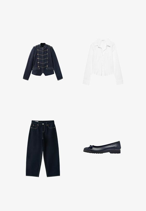 Mørkeblå denimjakke med militærstil knapper, skulderstropper og kontrasterende gule syninger.; Hvid skjorte med lange ærmer, krave, let figursyet talje og manchetter med knapper, vist på en hvid baggrund.; Mørkeblå jeans med vide ben, fem lommer, knaplukning og kontrastsyning på hvid baggrund.; Mørkeblå læder balletflade med en lille sløjfedetalje, rund tå og struktureret sål med en lav hæl.