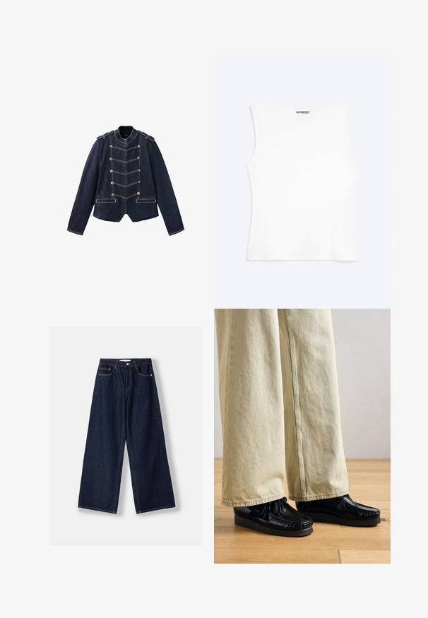 Dunkelblaue Jeansjacke mit militärischen Knöpfen, Schulterklappen und kontrastierender gelber Naht.; Weißes, ärmelloses, figurbetontes Tanktop mit rundem Ausschnitt und minimalistischem Design, innen am Kragen mit der Aufschrift „WEEKDAY“.; Dunkelblaue Jeans mit weitem Bein, vorderer Knopf- und Reißverschluss, vorderen Taschen und Gürtelschlaufen, flach auf weißem Hintergrund ausgelegt.; Schwarze Lackleder-Schuhe mit einer strukturierten Plateausohle, ausgestattet mit einer Schnürung und gestickten Details. Getragen mit hellbeigen weiten Hosen.