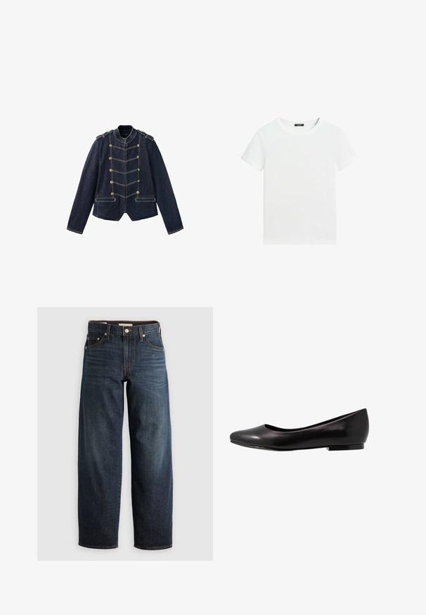 Donkerblauwe spijkerjas met militaire knopen, schouderstukken en contrasterende gele stiksels.; Effen wit T-shirt met korte mouwen, een ronde hals en een klein zwart labeltje aan de binnenkant van de kraag.; Donkerblauwe jeans van denim, met een recht model, vijf-pocketstijl en stiksels met een knoopsluiting.; Zwarte ballerina van glanzend leer met een ronde neus en een lage, platte zool. Heeft een gladde textuur met een eenvoudig en strak design.