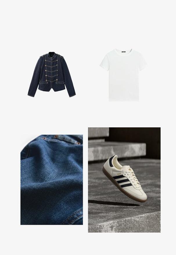 Donkerblauwe spijkerjas met militaire knopen, schouderstukken en contrasterende gele stiksels.; Effen wit T-shirt met korte mouwen, een ronde hals en een klein zwart labeltje aan de binnenkant van de kraag.; Denimstof in donkerblauw, met een gladde textuur en subtiele geweven variaties, en contrasterende stikseldetails.; Witte Adidas Samba sneaker met zwarte strepen en gumzool, zwevend boven gestructureerde grijze betonnen treden.