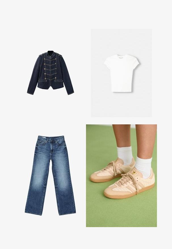 Mørkeblå denimjakke med militærstil knapper, skulderstropper og kontrasterende gule syninger.; Hvid kortærmet t-shirt lavet af blød bomuld, med rund halsudskæring og en tætsiddende form. Ingen synlige mønstre eller udsmykninger.; Blå denimjeans med falmet vask på lårene, lige bred ben-snit, foran med knap, lynlås og fem-lomme-stil.; Fødder iført beige vævede Adidas sneakers med gummisåler og hvide ankelsokker på en grøn struktureret gulv.