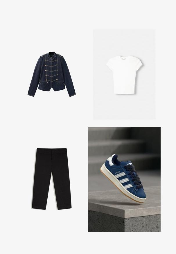 Dark blue denim jacket with military-style buttons, epaulets on shoulders, and contrasting yellow stitching.; White short-sleeve t-shirt made of soft cotton, featuring a crew neckline and a fitted shape. No visible patterns or embellishments.; Black cropped straight-leg trousers with flat front and waistband, no visible pockets, displayed on white background.; Blue sneaker with white stripes and black laces, labeled "CAMPUS," hovering above a gray concrete ledge with blurred stairs in background.