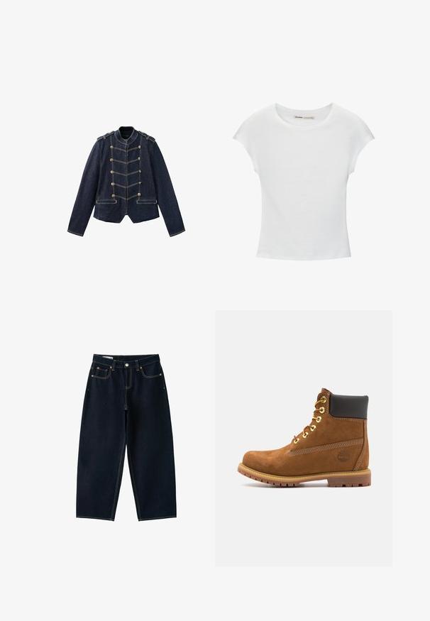 Dunkelblaue Jeansjacke mit militärischen Knöpfen, Schulterklappen und kontrastierender gelber Naht.; Weißes Baumwoll-T-Shirt mit kurzen, aufgerollten Ärmeln, rundem Ausschnitt und geradem Saum. Glatte Textur ohne sichtbare Muster oder Akzente.; Dunkelblaue Jeans mit weitem Bein, fünf Taschen, Knopfverschluss und Kontrastnähten auf weißem Hintergrund.; Braune Wildleder-Stiefelette mit schwarzem gepolstertem Kragen, goldenen Ösen, Schnürung an der Vorderseite und Gummisohle mit strukturiertem Muster.