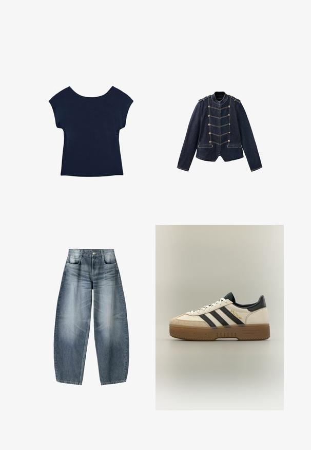 Veste en denim bleu foncé avec boutons de style militaire, épaulettes sur les épaules et surpiqûres jaunes contrastantes.; Haut bleu marine à manches courtes avec un large décolleté et une coupe décontractée. Texture lisse, design jusqu'à la hanche, sans motifs ni éléments visibles.; Jean en denim bleu délavé à coupe ample avec cinq poches et fermeture par bouton, montrant des plis naturels et des détails usés.; Baskets blanches Adidas avec bandes noires, bout en daim beige, semelle marron et "SPEZIAL" en lettres dorées sur le côté.