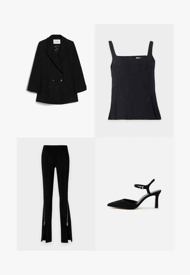 Manteau noir à double boutonnage avec un col cranté, deux poches avant et une texture subtile, doté de boutons ronds noirs.; Débardeur noir sans manches à encolure carrée avec larges bretelles et ourlet légèrement évasé, présenté sur un fond clair uni.; DSQUARED2 ICON TRUMPET PANT - Pantalon classique - black; Chaussure à talon haut en daim noir avec bout pointu et fine bride chevillère avec une petite boucle dorée.
