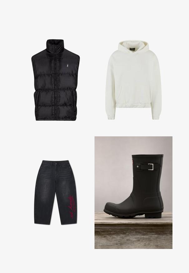 Gilet matelassé noir avec col montant, fermeture éclair et texture matelassée. Doté de poches latérales et d'un petit logo sur la poitrine.; Haut cropped blanc en tissu doux avec capuche à cordon, poche kangourou avant et bords côtelés. Texture lisse et design minimal.; Jean noir à jambes larges et coupé, taille haute, poches avant et texte rouge en écriture cursive "ed hardy" sur la jambe droite.; Botte de pluie en caoutchouc noir avec un petit talon, un bout arrondi et un accent en boucle en argent. Présente une semelle texturée pour une meilleure adhérence.