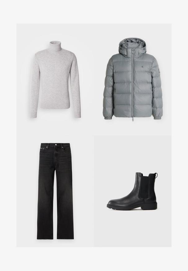 Grå dunjakke med hætte, fuld lynlås foran, sidelommer, elastiske manchetter og lille logo på brystet og ærmet.; Lys grå turtleneck sweater lavet af blødt strikket stof. Har ribbede kanter ved hals og ærmer. Klassisk, tætsiddende form med lange ærmer.; Sorte jeans med lige ben, fem-lomme design, bæltestropper og knaplukning, vist på en hvid baggrund.; Sort læder ankelstøvle med elastiske sidepaneler, træksnor ved hælen og lav bloksål mod en ensfarvet baggrund.